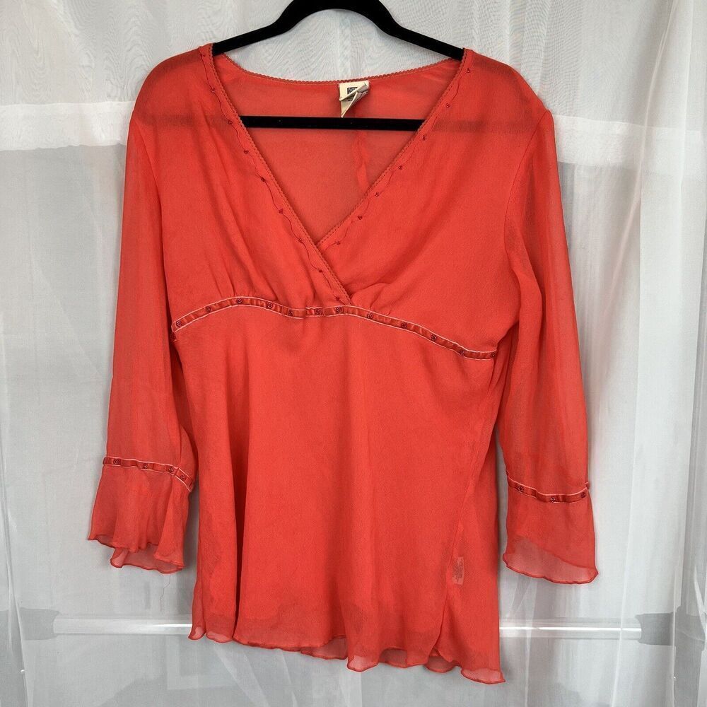 Faded Glory y2k sheer ruffle sleeve blouse sz XL beaded boho cottagecore fairy